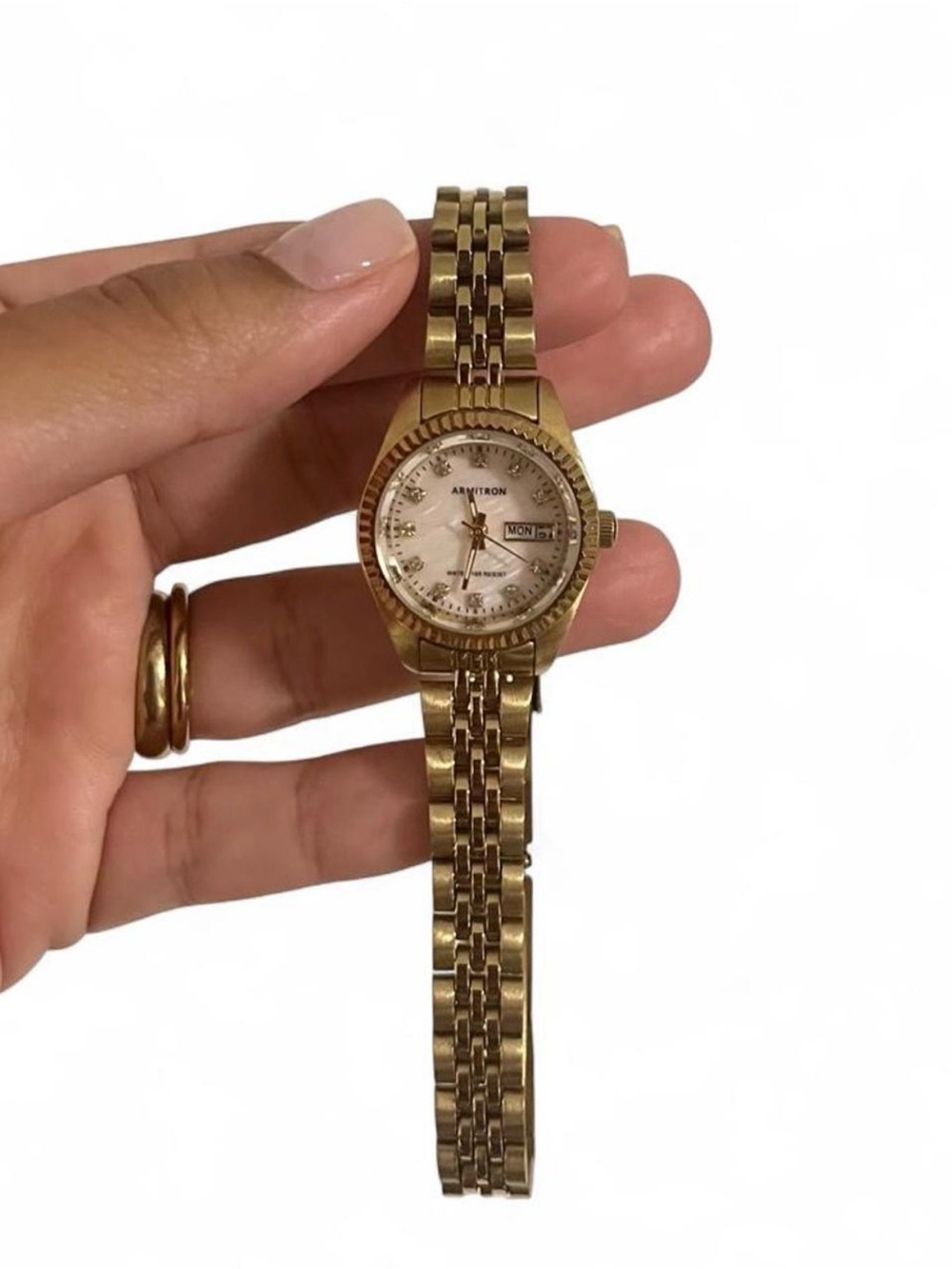 Armitron Women's Gold Tone Watch with Mother-of-Pearl Dial and Crystal Accents